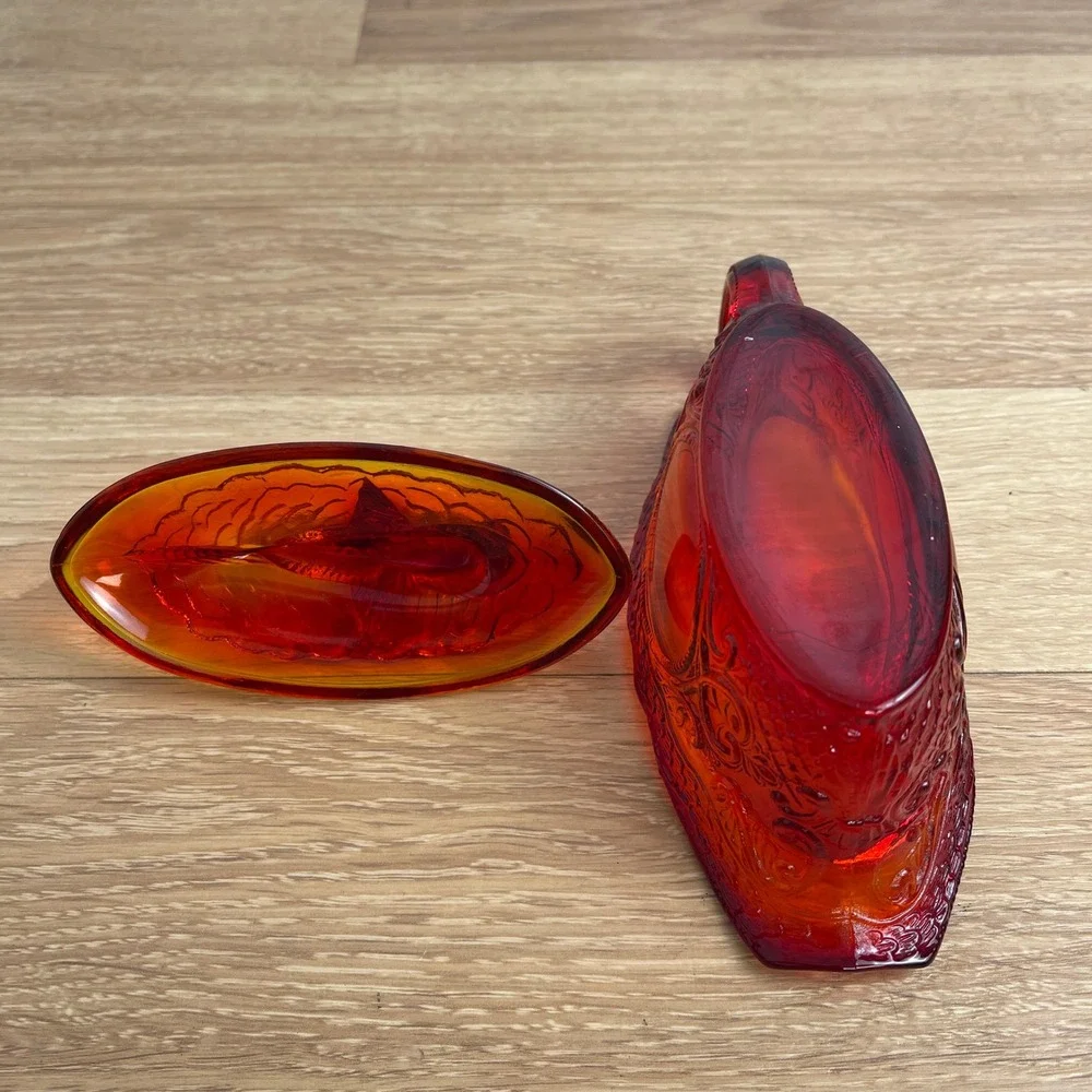 Vintage Amberina Glass Koi Fish Covered Gravy Boat Dish Red Orange 7 Inch